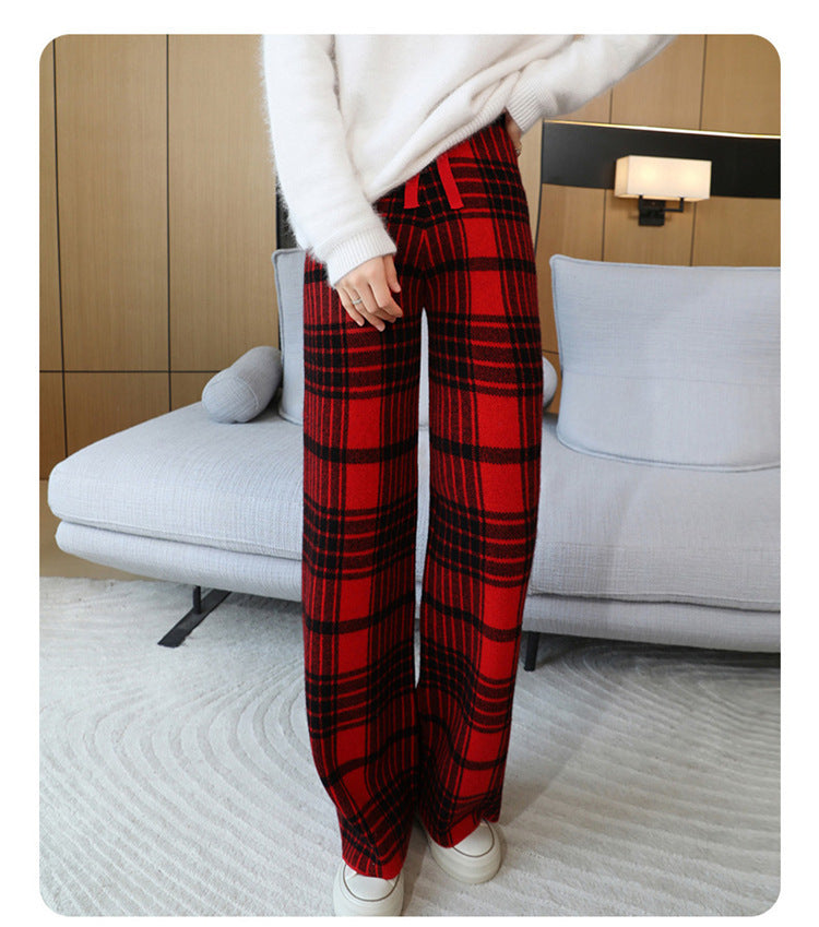 24 Autumn and Winter New High Waist All-match Casual Wide-leg Pants Women's Straight Loose Plaid Trousers 100 Wool Thickened