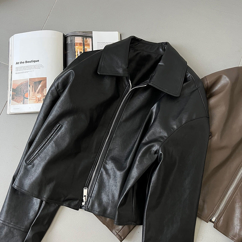 cool handsome high sense ~ lapel leather coat women's spring and autumn Hong Kong style PU leather jacket motorcycle top trendy 9595