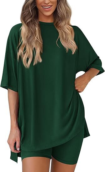 Cross-border foreign trade Amazon 2025 new women's casual round neck split loose shorts short sleeve home clothes suit