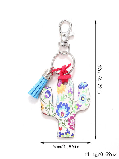 New Wooden Cactus Keychain Leopard Flower Rainbow Sunflower Striped Printed Bag Car Pendant