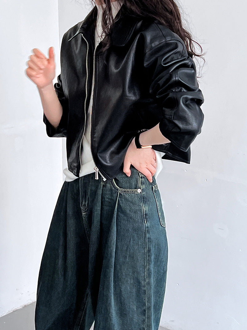 cool handsome high sense ~ lapel leather coat women's spring and autumn Hong Kong style PU leather jacket motorcycle top trendy 9595