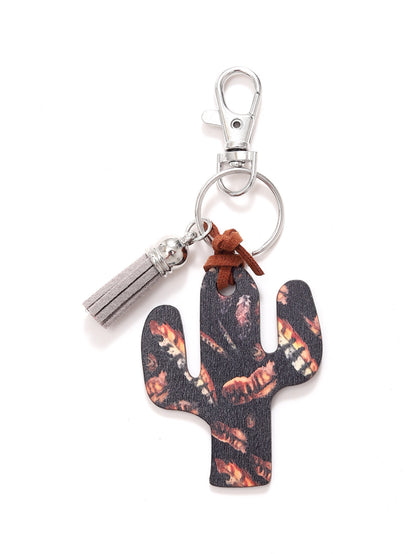 New Wooden Cactus Keychain Leopard Flower Rainbow Sunflower Striped Printed Bag Car Pendant