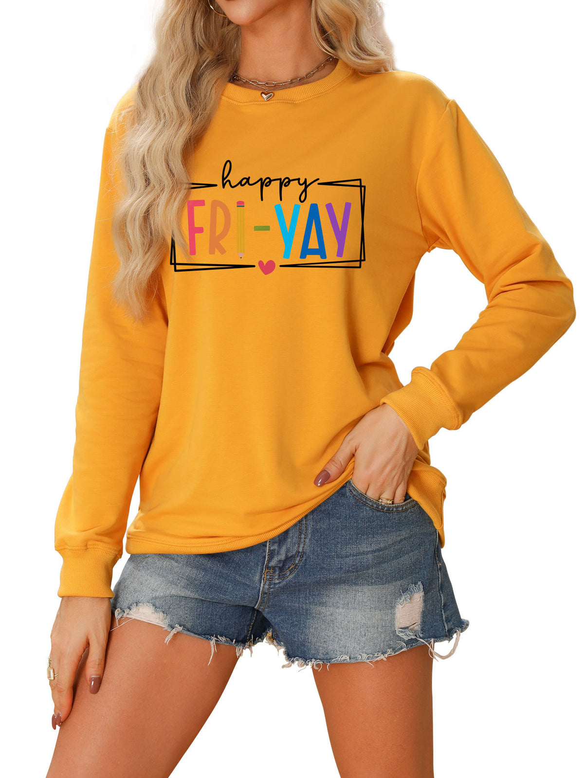Amazon Ebay Round Neck Sweatshirt Happy Fri Yay Fun Letters Casual Fashion Long-Sleeved Tops in Stock