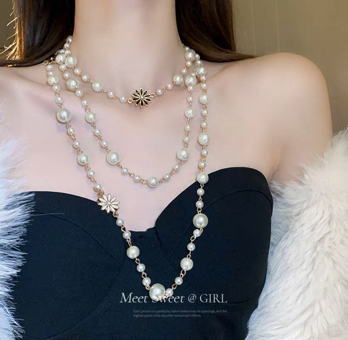 Shijiazu stacked with long pearl necklace women's light luxury temperament sweater chain Joker high sense autumn and winter necklace