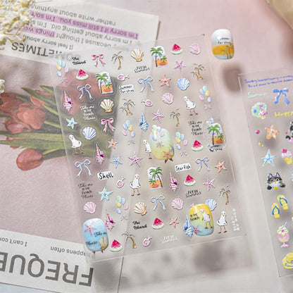 Kitten's Summer Nail Art Stickers Embossed New 3D Ins Fresh Ocean Cute Pet Nail Stickers Decoration