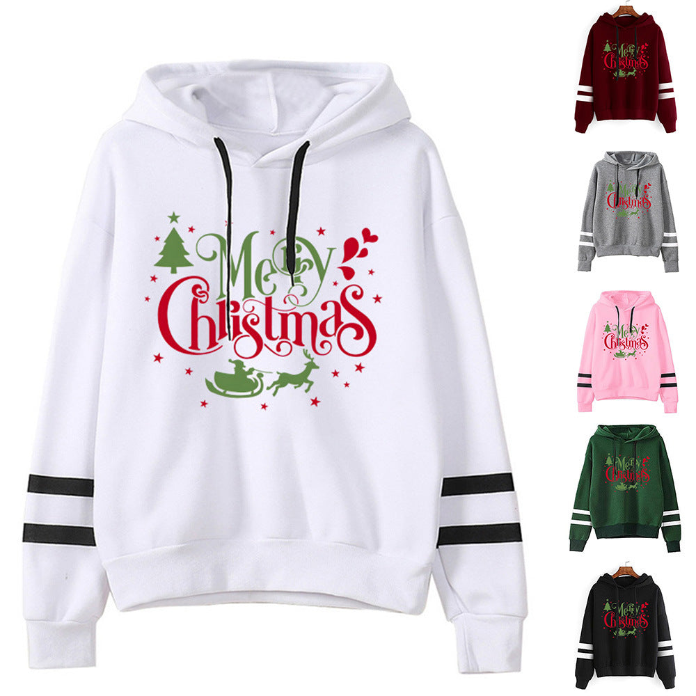 Christmas tree Merry Christmas print parallel bars striped sweater autumn and winter European and American men's and women's coat top