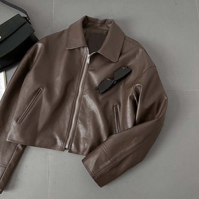 cool handsome high sense ~ lapel leather coat women's spring and autumn Hong Kong style PU leather jacket motorcycle top trendy 9595