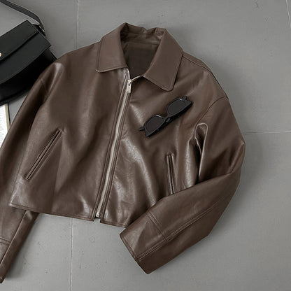 cool handsome high sense ~ lapel leather coat women's spring and autumn Hong Kong style PU leather jacket motorcycle top trendy 9595