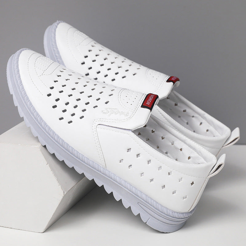 Hollow-Out Leather Shoes for Men, Summer Breathable Soft Leather Low-Top Business Casual Versatile Slip-On Perforated Dad Shoes