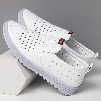 Hollow-Out Leather Shoes for Men, Summer Breathable Soft Leather Low-Top Business Casual Versatile Slip-On Perforated Dad Shoes