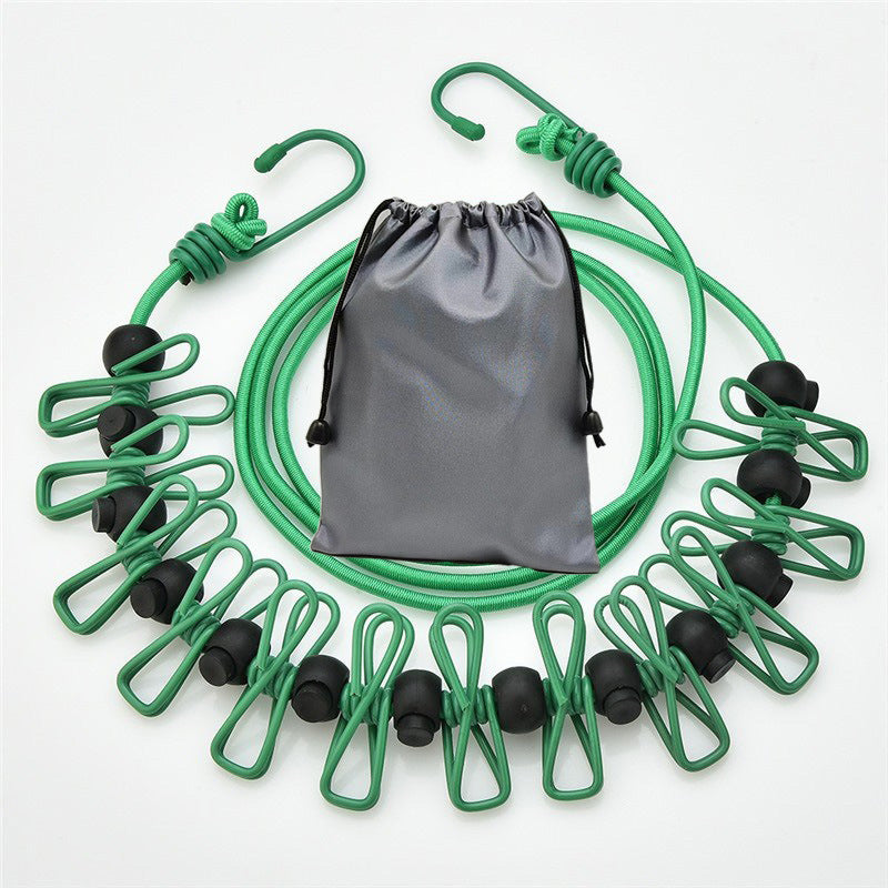 Creative Outdoor Elastic Windproof Clothesline with Positioning Clips, Korean Style Clothesline with 12 Windproof Clips