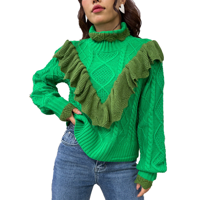 Amazon 2023 new Christmas half turtleneck sweater women's autumn and winter ruffled twisted pullover sweater women