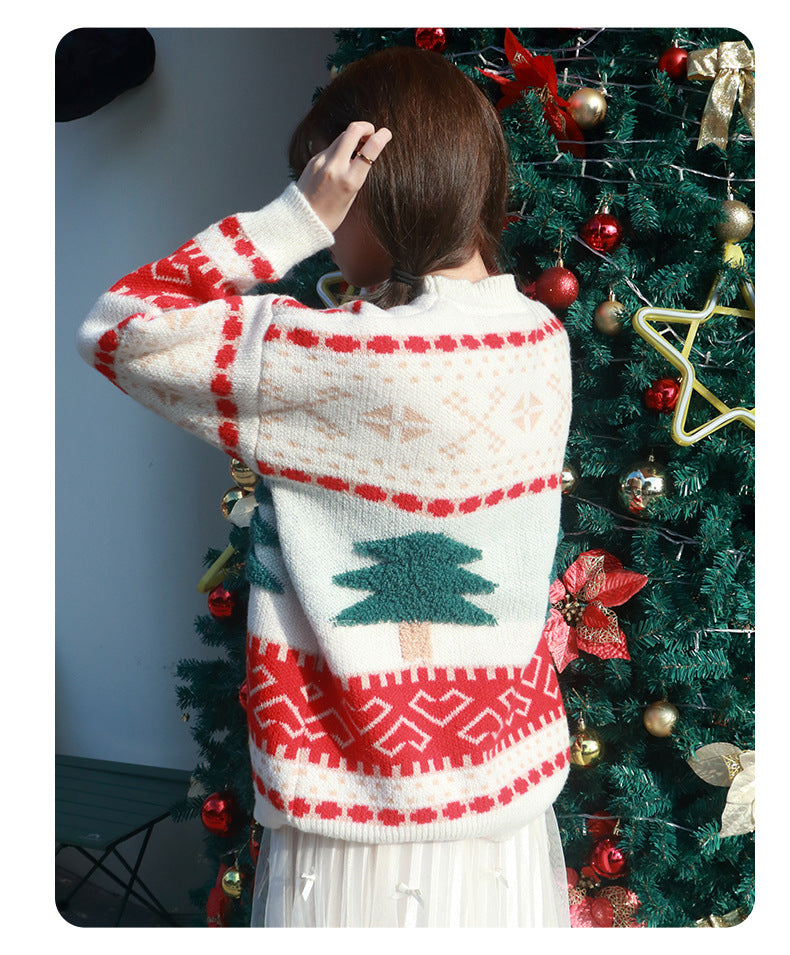 Autumn and Winter Christmas Sweater New Jacquard Knitted Sweater Cartoon Christmas Pattern Lazy Style Round Neck Pullover Long Shirt