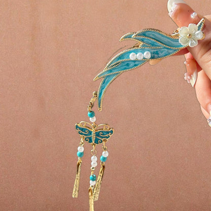 Antique Style Burned Blue Cloud Pearl Hairpin New Chinese Tassel Side Clip Advanced Sense Clip Hair Accessories Headwear Hair Clip