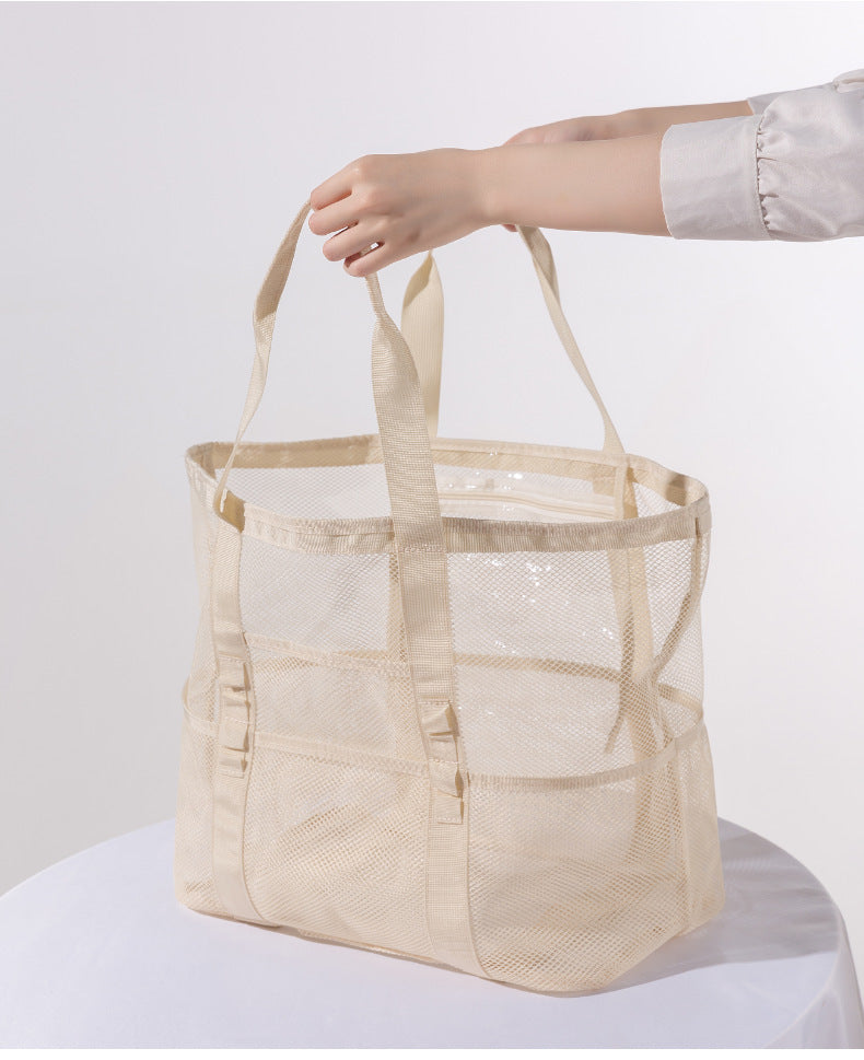 Korean Mesh Beach Bag Large Capacity Swimming Fitness Bag Travel Portable Storage Bag Multi-Pocket Swimsuit Storage Bag