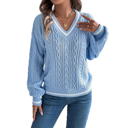 2025 New Autumn and Winter European and American Preppy Style Color-Blocked V Neck Twist Lantern Long-Sleeved Sweater Amazon Cross-Border Women's Clothing