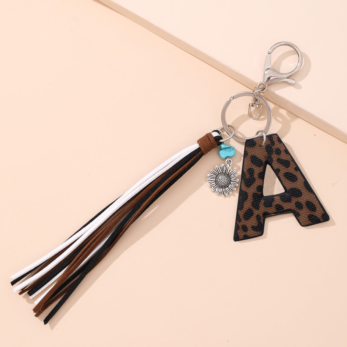 New Western Denim Style Leopard Oil-trimmed Leather Letter A Korean Velvet Tassel Combination Keychain Pendant Bag
