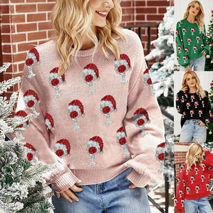 Shein Amazon European and American Clothing Autumn and Winter Pullover Jacquard Christmas Tree Knitwear Long-Sleeved Red Christmas Knitwear