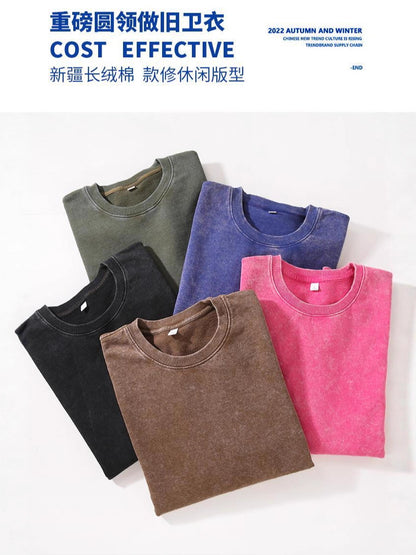 Trendy Brand Heavyweight Pure Cotton Terry 400g Washed Distressed Crew Neck Sweatshirt Hoodie Retro Sweatshirt with Printed Logo