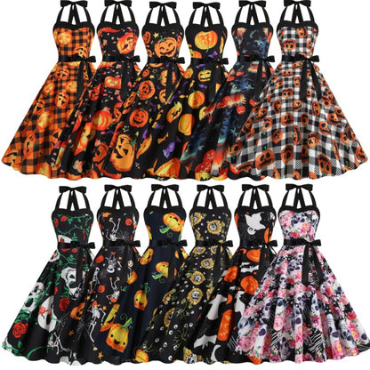 Factory direct supply 2024 Halloween new Hepburn style high waist slim hanging neck large swing long retro dress