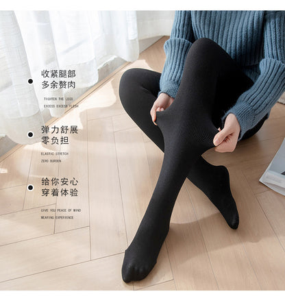 Autumn and Winter Fleece-Lined Thickened Vertical Striped Gray Leggings Ribbed Cotton Outerwear Footed Thermal Pants Women's Tights