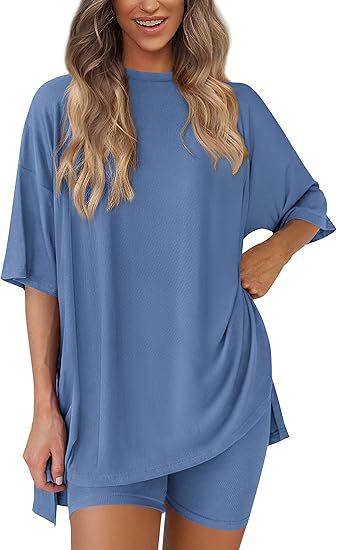 Cross-border foreign trade Amazon 2025 new women's casual round neck split loose shorts short sleeve home clothes suit