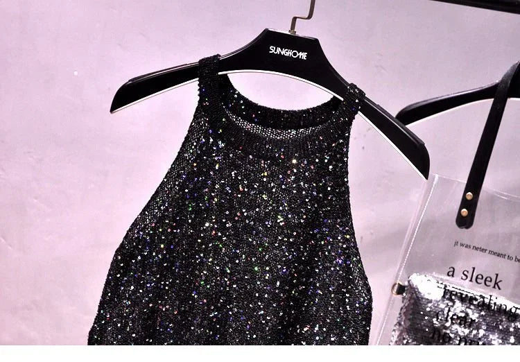 All-Match Summer New Sexy Shoulder Hanging Halter Sequin Strap Ware Shoulder Flash Knitted Hollow Vest Top for Women
