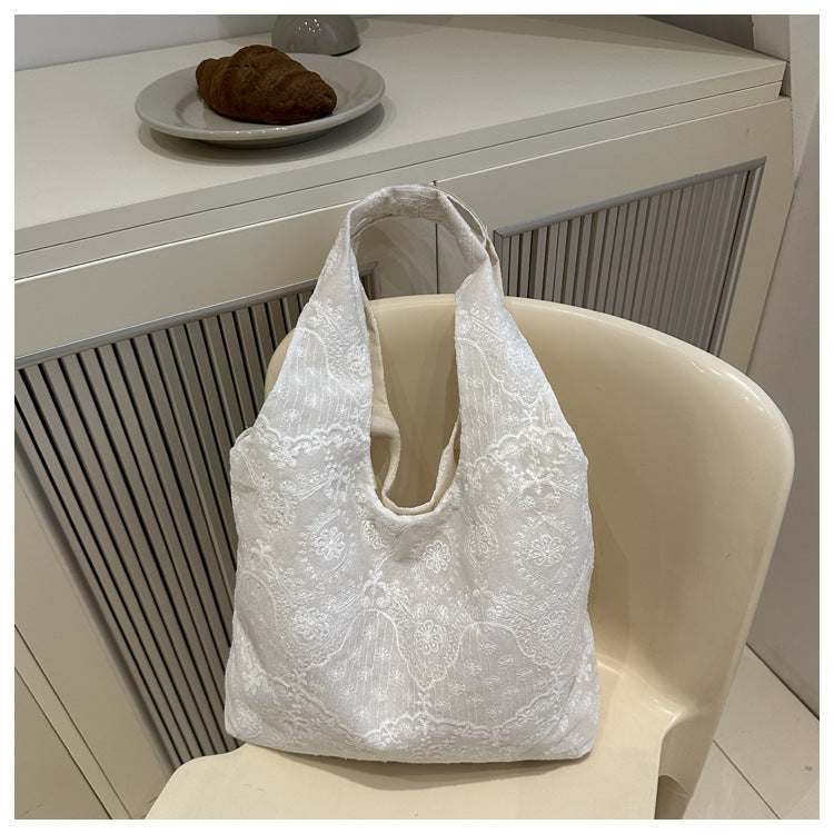 Korean Style Small Fresh Lace Flower Canvas Bag 2025 New Large Capacity Commuter Lazy Style Single Shoulder Large Tote Bag