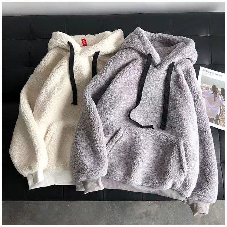 Imitation Lamb Wool Sweatshirt, Winter Season, Women's Korean Style, Simple Couple's Outfit, Unisex, Fleece-Lined, Thickened, Hooded, Loose Top