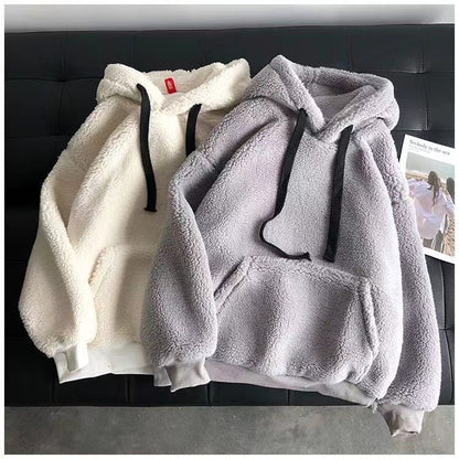 Imitation Lamb Wool Sweatshirt, Winter Season, Women's Korean Style, Simple Couple's Outfit, Unisex, Fleece-Lined, Thickened, Hooded, Loose Top