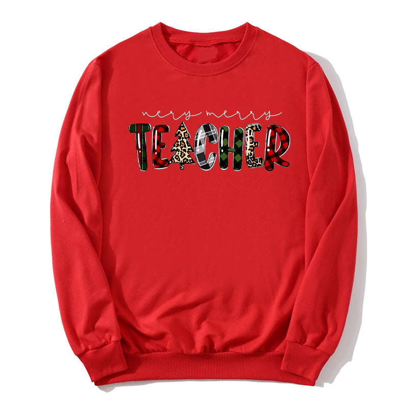 Christmas Tree Plaid Letter Teacher Christmas Printed Round Neck Sweat Autumn and Winter European Men's and Women's Top