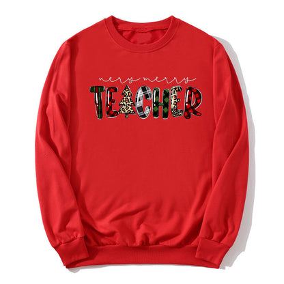 Christmas Tree Plaid Letter Teacher Christmas Printed Round Neck Sweat Autumn and Winter European Men's and Women's Top