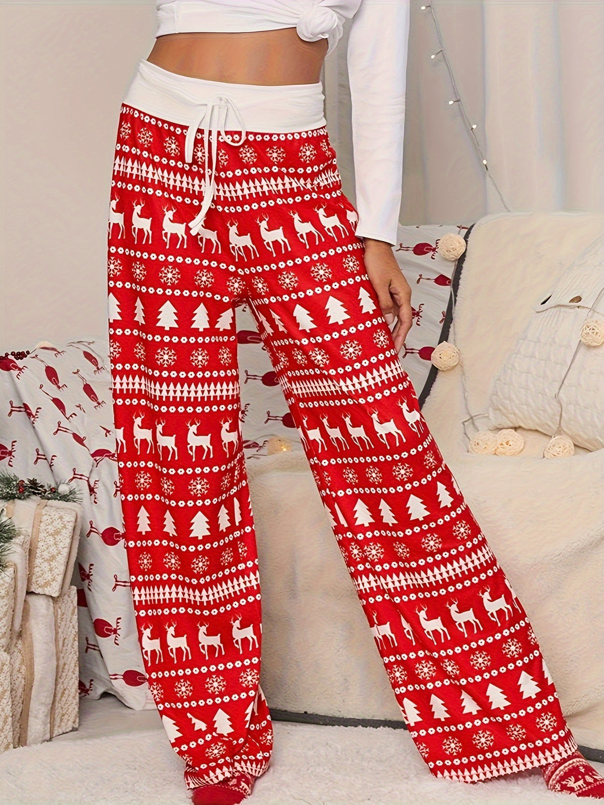 Cross-border Christmas Trousers for Christmas Performance High Waist Lace-up Stitching Elk Christmas Tree Printed Red Trousers