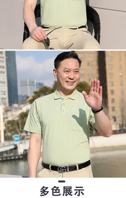 Middle-aged Men's Cotton Short-sleeved T-shirt Lapel Pocket Summer Middle-aged and Elderly plus size Half-sleeved Dad T-shirt Father