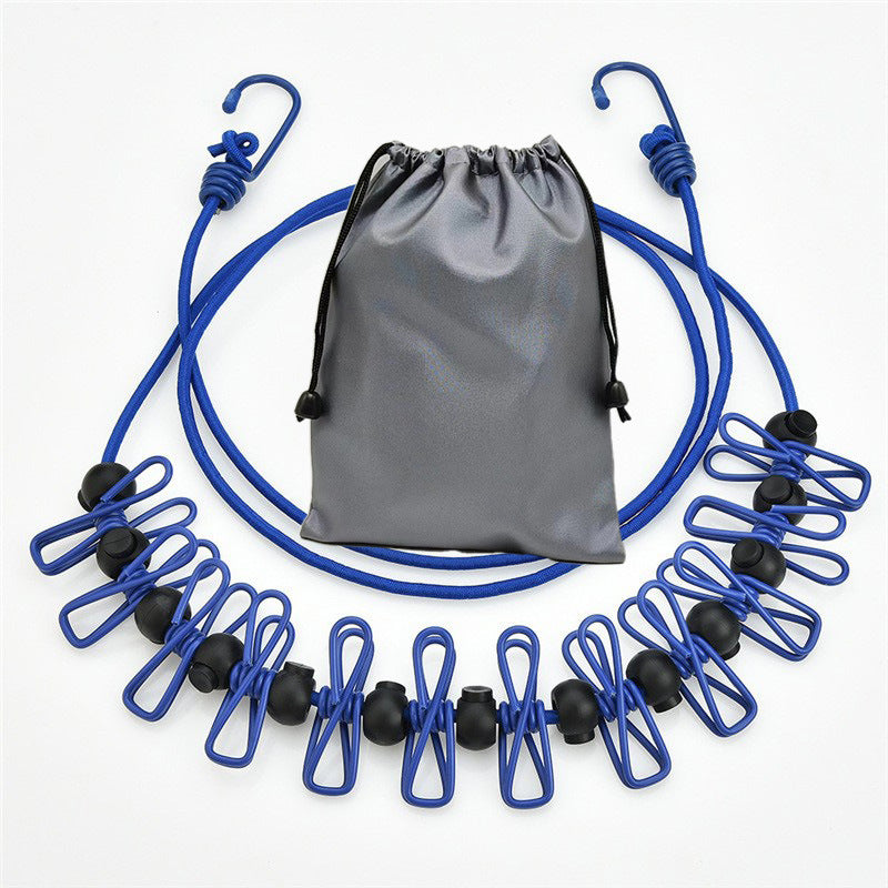 Creative Outdoor Elastic Windproof Clothesline with Positioning Clips, Korean Style Clothesline with 12 Windproof Clips