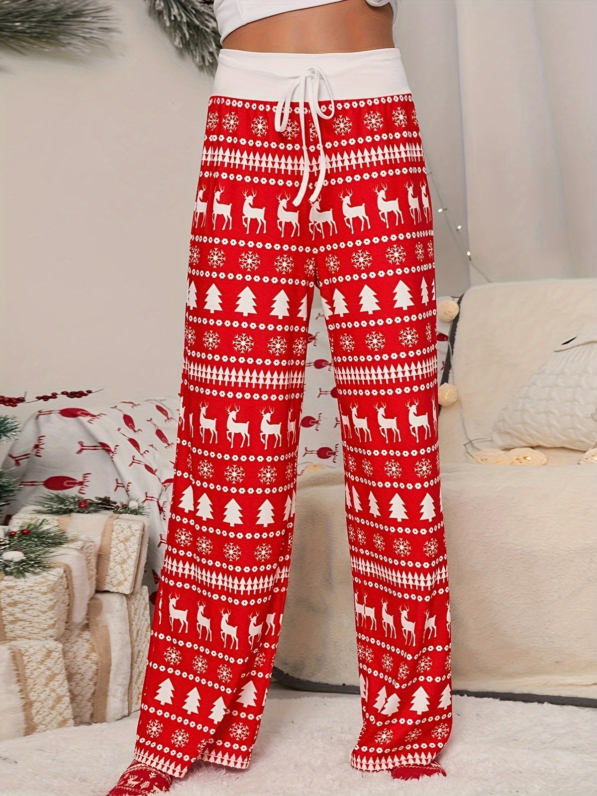 Cross-border Christmas Trousers for Christmas Performance High Waist Lace-up Stitching Elk Christmas Tree Printed Red Trousers