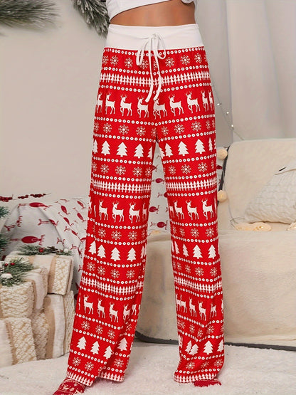 Cross-border Christmas Trousers for Christmas Performance High Waist Lace-up Stitching Elk Christmas Tree Printed Red Trousers