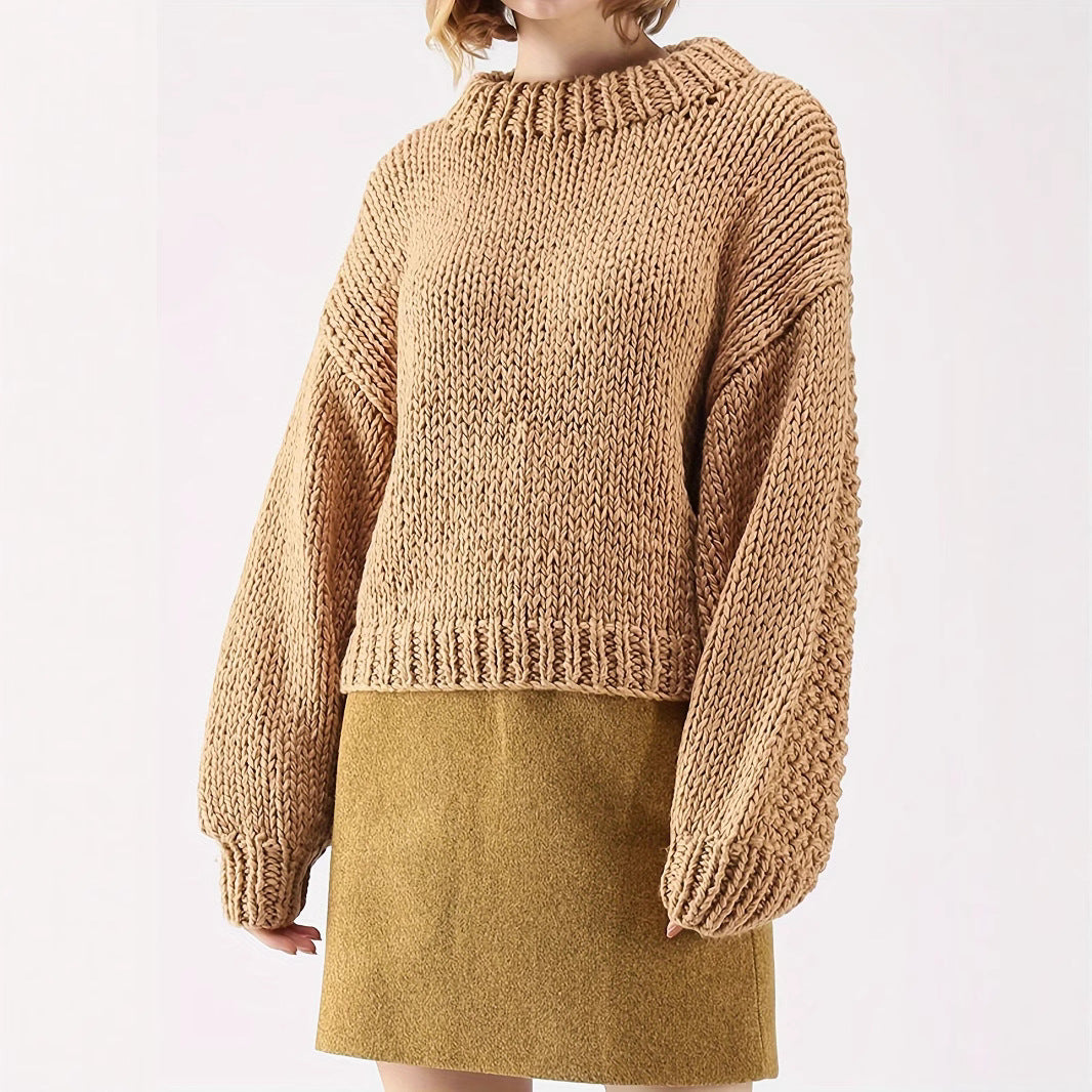 European and American Export Yellow Retro Style Thick Knitted Round Neck Sweater Women's Loose Lantern Sleeve Lazy Autumn and Winter Pullover Top