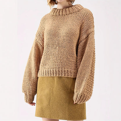 European and American Export Yellow Retro Style Thick Knitted Round Neck Sweater Women's Loose Lantern Sleeve Lazy Autumn and Winter Pullover Top