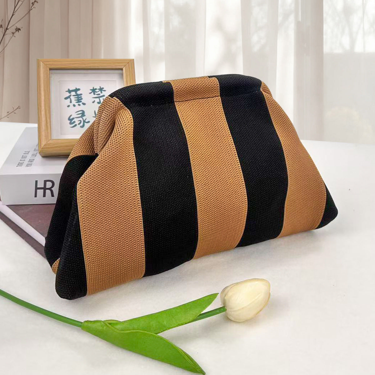 Cross-Border Dropshipping Knitted Bag Striped Clutch Bag for Women Fly-Knit Cloud Versatile Stylish Portable Makeup Bag Large Capacity