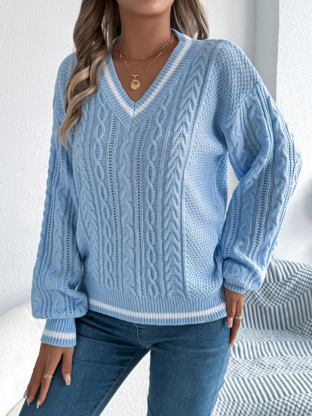 2025 New Autumn and Winter European and American Preppy Style Color-Blocked V Neck Twist Lantern Long-Sleeved Sweater Amazon Cross-Border Women's Clothing