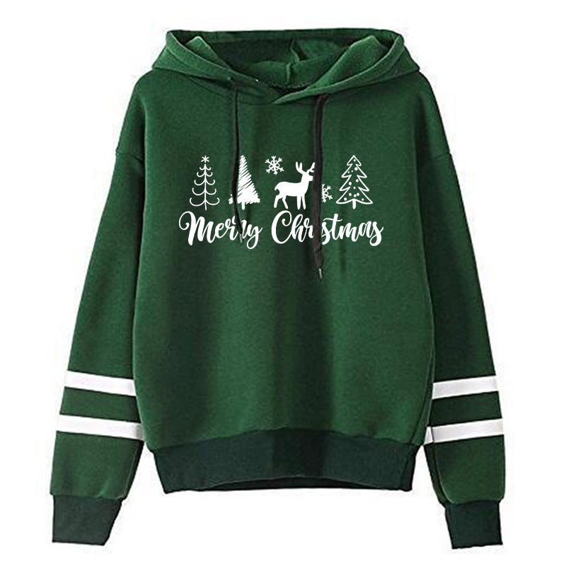 Christmas Tree Merry Christmas Print Parallel Bars Hooded Striped Sweatshirt European-Size plus size Men's and Women's Jacket