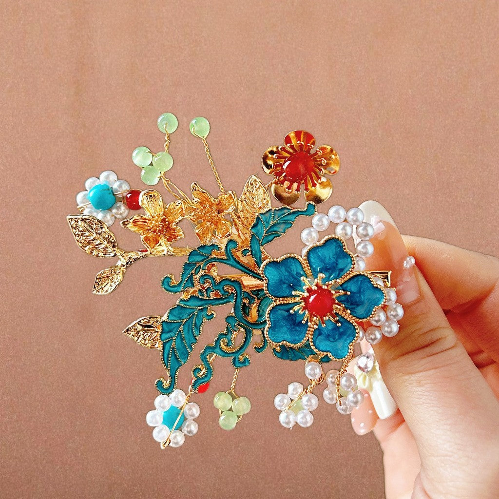 Antique Style Burned Blue Cloud Pearl Hairpin New Chinese Tassel Side Clip Advanced Sense Clip Hair Accessories Headwear Hair Clip