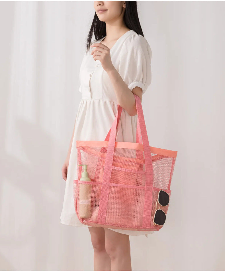 Korean Mesh Beach Bag Large Capacity Swimming Fitness Bag Travel Portable Storage Bag Multi-Pocket Swimsuit Storage Bag