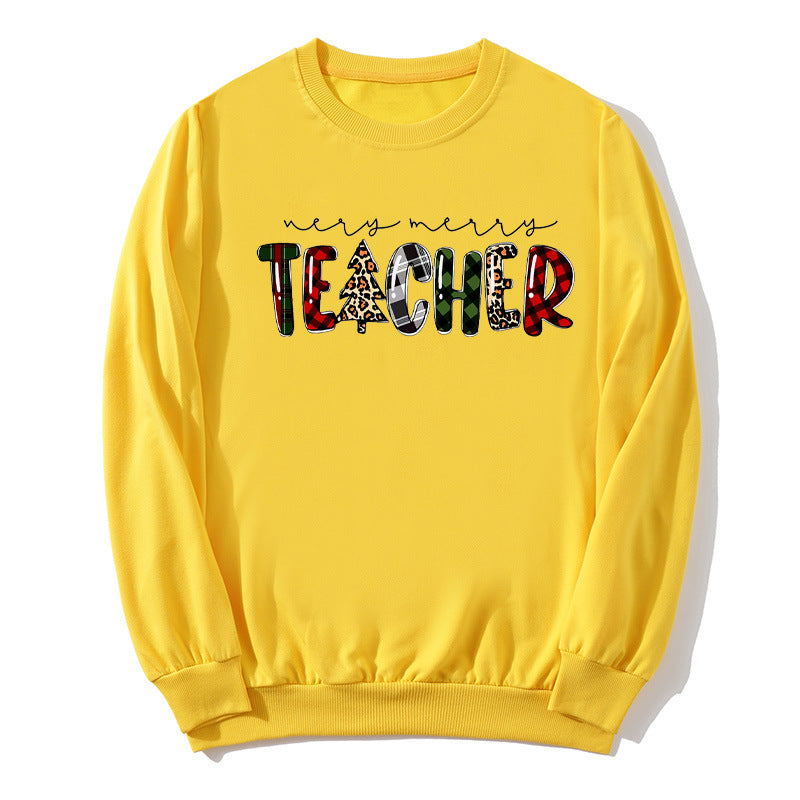 Christmas Tree Plaid Letter Teacher Christmas Printed Round Neck Sweat Autumn and Winter European Men's and Women's Top