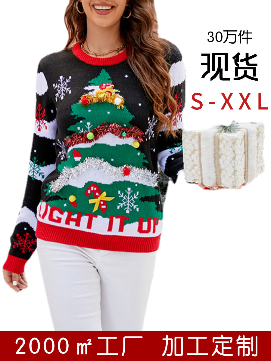Amazon European and American Long-Sleeved Christmas New Knitted Tops 2025 Autumn and Winter Christmas Tree Round Neck Pullover Sweater for Women