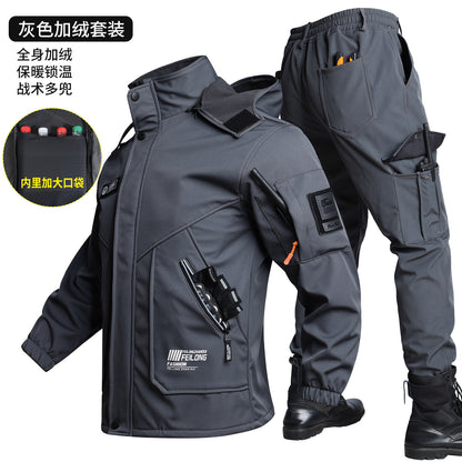 Men's Autumn and Winter Fleece-Lined Thickened Softshell Tactical Outdoor Sports Workwear Suit, Waterproof and Windproof