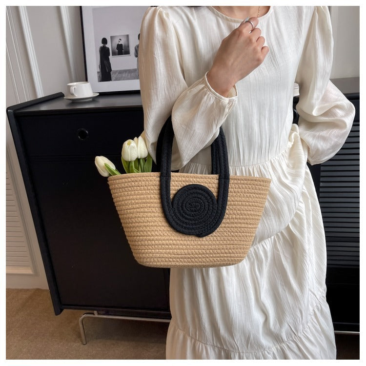 Contrast Cotton Rope Woven Handbag Women's Bag Korean Style Bag New Large Capacity Stylisse Handbag All-match Tote Bag