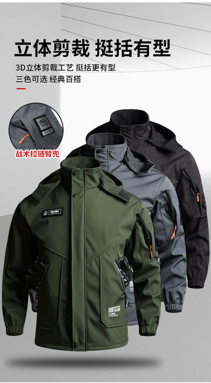 Men's Autumn and Winter Fleece-Lined Thickened Softshell Tactical Outdoor Sports Workwear Suit, Waterproof and Windproof