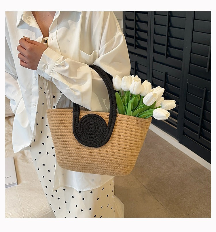 Contrast Cotton Rope Woven Handbag Women's Bag Korean Style Bag New Large Capacity Stylisse Handbag All-match Tote Bag